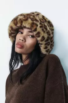 Шапка из искусственного меха с животным принтом ZARA, цвет Leopard