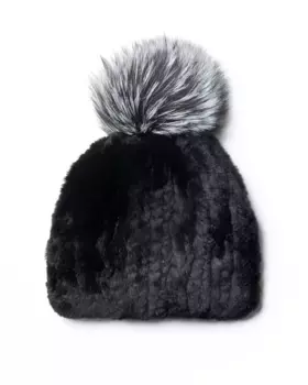 Шапка из меха рекса черного цвета с помпоном из чернобурки Maximilian, черный