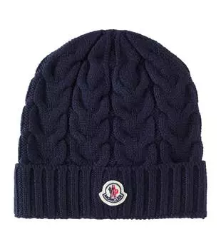 Шапка из натуральной шерсти с логотипом и косами Moncler Enfant, цвет navy blue