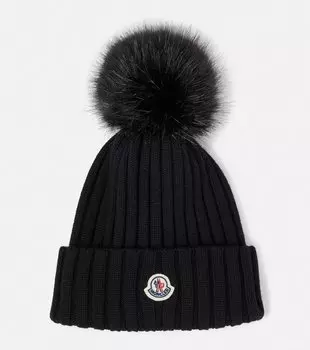Шапка из шерсти с отделкой из искусственного меха и логотипом Moncler, черный