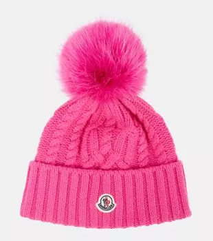 Шапка косой вязки с логотипом из шерсти и кашемира Moncler, розовый