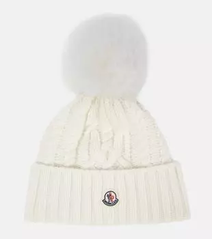 Шапка косой вязки с логотипом из шерсти и кашемира Moncler, белый
