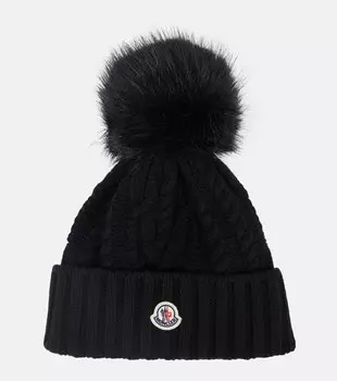 Шапка косой вязки с логотипом из шерсти и кашемира Moncler, черный