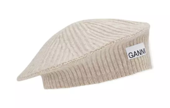 Шапка Logo patch Ribbed knit Beret GANNI, Light Coffee
