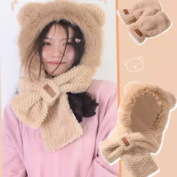 Шапка-шарф Kuang-Chi, универсальные плюшевые милые перчатки, женский зимний шарф, универсальный теплый белый - шапка, шарф + перчатки, один размер