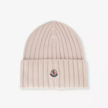 Шапка шерстяной вязки в рубчик с фирменной биркой Moncler, розовый