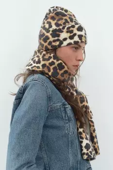 Шапка тонкой тряски с животным принтом ZARA, кэмел