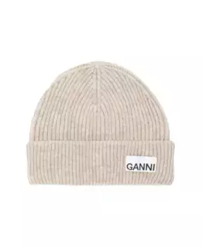 Шапка в рубчик из переработанной шерсти Ganni, бежевый