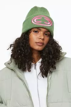 Шапка в рубчик с вышивкой H&M, зеленый/розовый