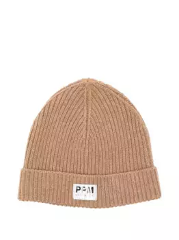 Шапочка-бини с нашивкой-логотипом, ребристая вязка Paolo Pecora Kids, коричневый