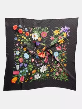 Шарф из шелкового твила с узором gg supreme и цветочным принтом Gucci, черный