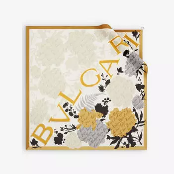 Шарф из шелковой саржи с графическим принтом в виде букета логотипов Bvlgari, бежевый