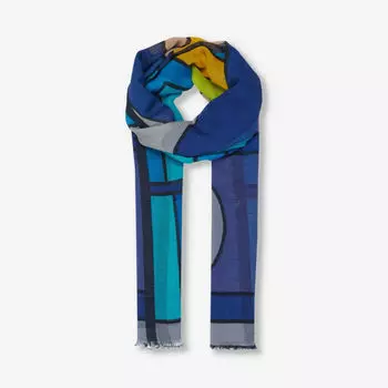 Шарф из смесового хлопка с абстрактным принтом и потертым краем Leem, цвет blue comb