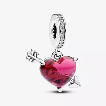 Шарм-подвеска Pandora Moments Heart & Arrow Murano Glass, серебро/красный