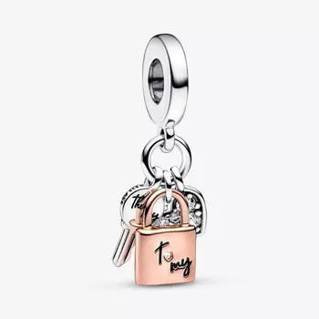 Шарм-подвеска Pandora Moments Two-tone Key, Padlock & Heart Triple, серебро/розовое золото/черный