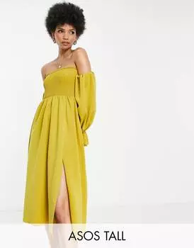 Шартрезное платье миди для выпускного вечера ASOS DESIGN Tall со сборками и рукавами-фонариками ASOS DESIGN Tall