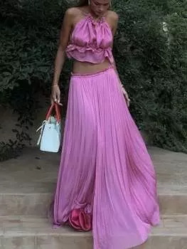 SHEIN Aloruh элегантный топ без рукавов с открытой спиной и асимметричной длинной юбкой для весенне-летнего отдыха, розовый фуксия