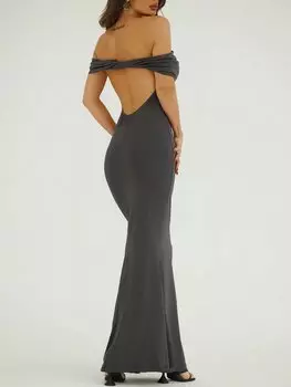 SHEIN Aloruh сексуальное и элегантное платье в пол с открытыми плечами. Подходит для весны и лета, серый