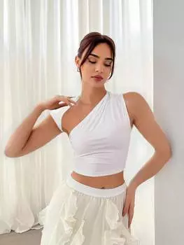 SHEIN Aloruh женская летняя повседневная однотонная асимметричная укороченная облегающая белая футболка, белый цвет