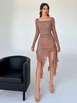 SHEIN Aloruh Женское платье с рюшами и рюшами по бокам, неровный край, с объемным цветочным декором, пастельно-розовый