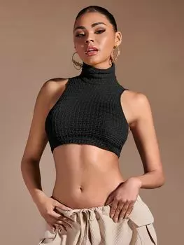 SHEIN BAE короткая майка, высокий воротник, 1 шт, черный цвет