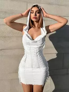 SHEIN BAE облегающее платье, драпировка спереди, капюшон, белый цвет