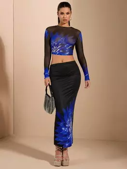 SHEIN BAE Сексуальный прозрачный топ с цветочным принтом, элегантный летний узор и праздничная атмосфера, цвет синий