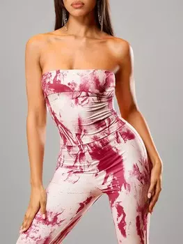 SHEIN BAE Tie Dyed Distressed Wasteland Style Pattern Печатный узкий топ без бретелек Летний простой женский топ, красный цвет