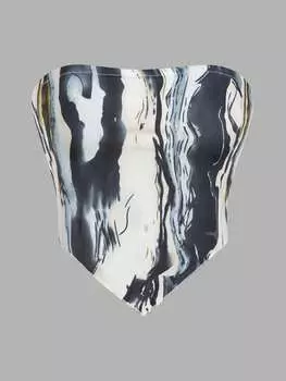 SHEIN BAE Женский модный топ без бретелек с мраморным принтом и асимметричным подолом, синий и белый