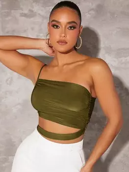 SHEIN BAE женский топ, однотонный, на одно плечо, плиссированный, с вырезом, темно-зеленый