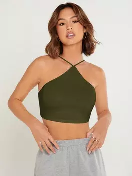 SHEIN BASICS Однотонный укороченный топ на бретельках приталенного кроя, топ на выход, оливково-зеленый