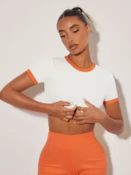 SHEIN BASICS Женская футболка контрастного цвета, круглый вырез, белый цвет