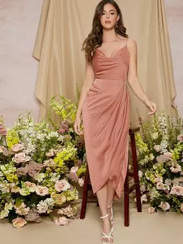 SHEIN Belle, асимметричное платье, плиссе, на молнии, простое, элегантное, пастельно-розовый