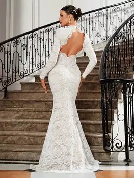 SHEIN Belle свадебное платье, кружевной узор, открытая спина, прозрачная ткань, вырез, длинный шлейф, белый цвет