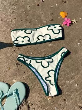 SHEIN Бикини Swim Mod, цветочный узор, контрастная строчка, без бретелек, многоцветный