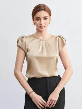SHEIN BIZwear однотонная атласная рубашка, круглый вырез, рукава-лепестки, женская, рабочая, хаки