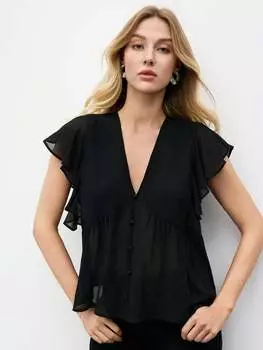 SHEIN BIZwear женская блузка, V-образный вырез, рукава с рюшами, черный цвет