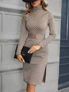 SHEIN Clasi Платье с водолазкой и косым подолом с узором Обтягивающее облегающее платье, многоцветный