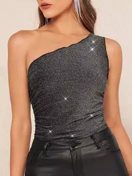SHEIN Clasi топ на одно плечо с блестками, черный цвет