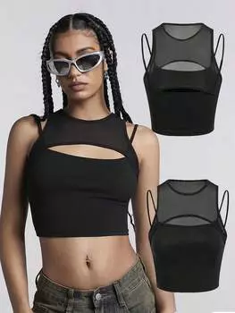 SHEIN Coolane Повседневный дышащий хлопковый сетчатый топ с вырезами в уличном стиле, черный цвет