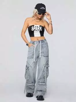 SHEIN Coolane рубашка без бретелек в стиле колор-блок с буквенным узором, черный и белый