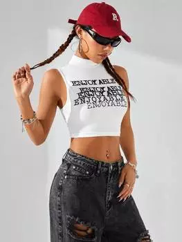 SHEIN Coolane уличный стиль, женская укороченная майка с высоким воротом и буквенным принтом, размытая петля, белый цвет