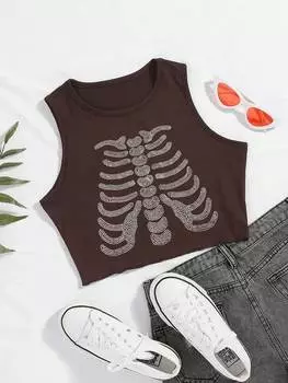 SHEIN Coolane женская летняя повседневная майка без рукавов с принтом черепа, украшенным стразами, коричневый цвет