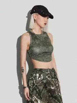 SHEIN Coolane женская майка тай-дай, летняя, облегающая, облегающая, плиссированная, укороченная, темно-зеленый