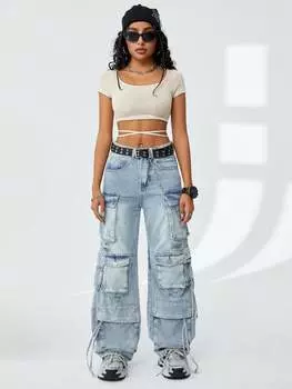 SHEIN Coolane Женская укороченная футболка с короткими рукавами и фактурным галстуком, кремовый/бежевый