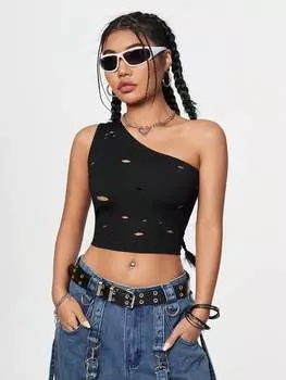 SHEIN Coolane женский асимметричный топ, рваная деталь, одно плечо, черный цвет