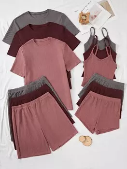 Shein Couped Up 6 шт./компл. Радужный цвет/различные цвета Мужской комплект домашней одежды с короткими рукавами и шортами Shein, мультиколор