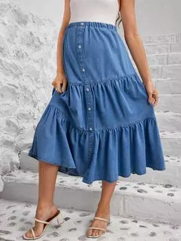 SHEIN джинсовая юбка для беременных Повседневная многослойная юбка А-силуэта с эластичной резинкой на талии синего цвета, светлый джинсовый цвет.
