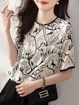 SHEIN Essnce летняя повседневная футболка с короткими рукавами и животным принтом, кремовый/бежевый