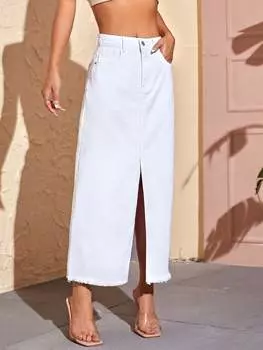 SHEIN Essnce, высокая талия, глубокий разрез, волан по низу, джинсовая ткань, белый цвет